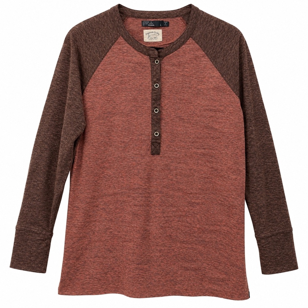 Prana Mens Raglan Henley Shirt Long Sleeve Burnt Orange Brown Slub Knit Large